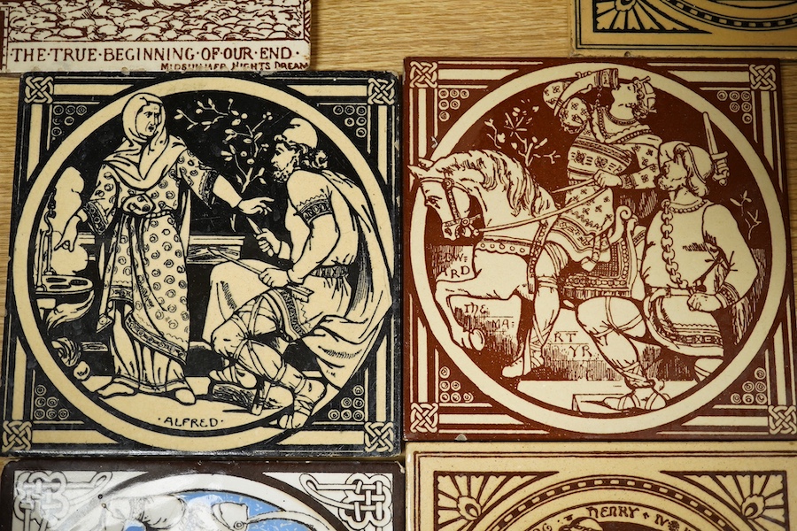 Seven Minton tiles to include ‘Stage 2 Brawling’ and ‘Edward the Martyr’, 15 x 15cm. Condition - fair/good